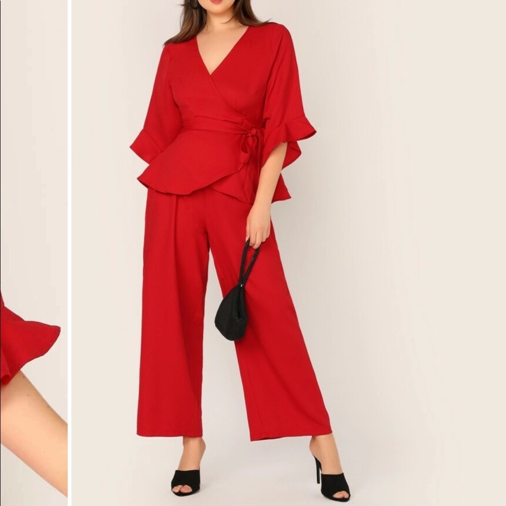 Wrap belted top and wide leg pants set